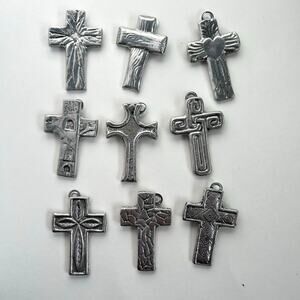 9 Piece Lot Small Handmade Pewter Silver Religious Artistic Crosses 3"